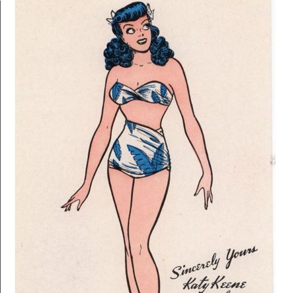 🐚Katy Keene Pin Up Tee Tropical Leaf Bikini Navy - Picture 2 of 4